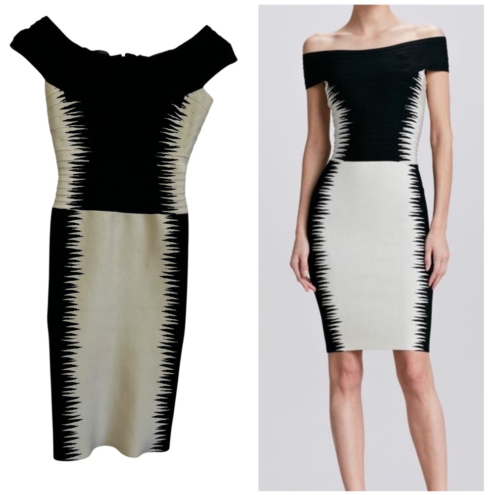 Herve Leger Off-Shoulder Phoebe Dress Black/Off White Zigzag Colorblock Medium